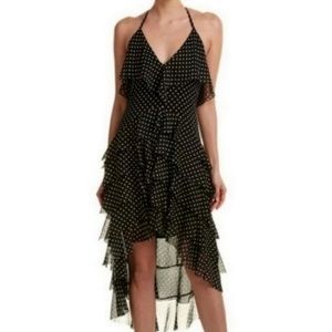 Alice & Olivia Lorilee halter ruffle high low black mini polka dot.